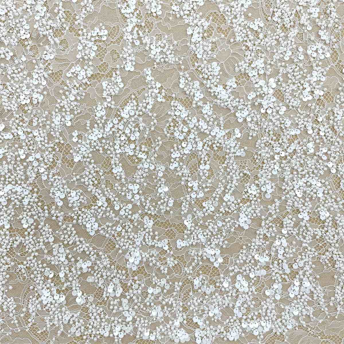 Bridal Lace Fabric - 1 Yard - Corded Embroidered Sequin Beaded Wedding Lace Fabric | lil034