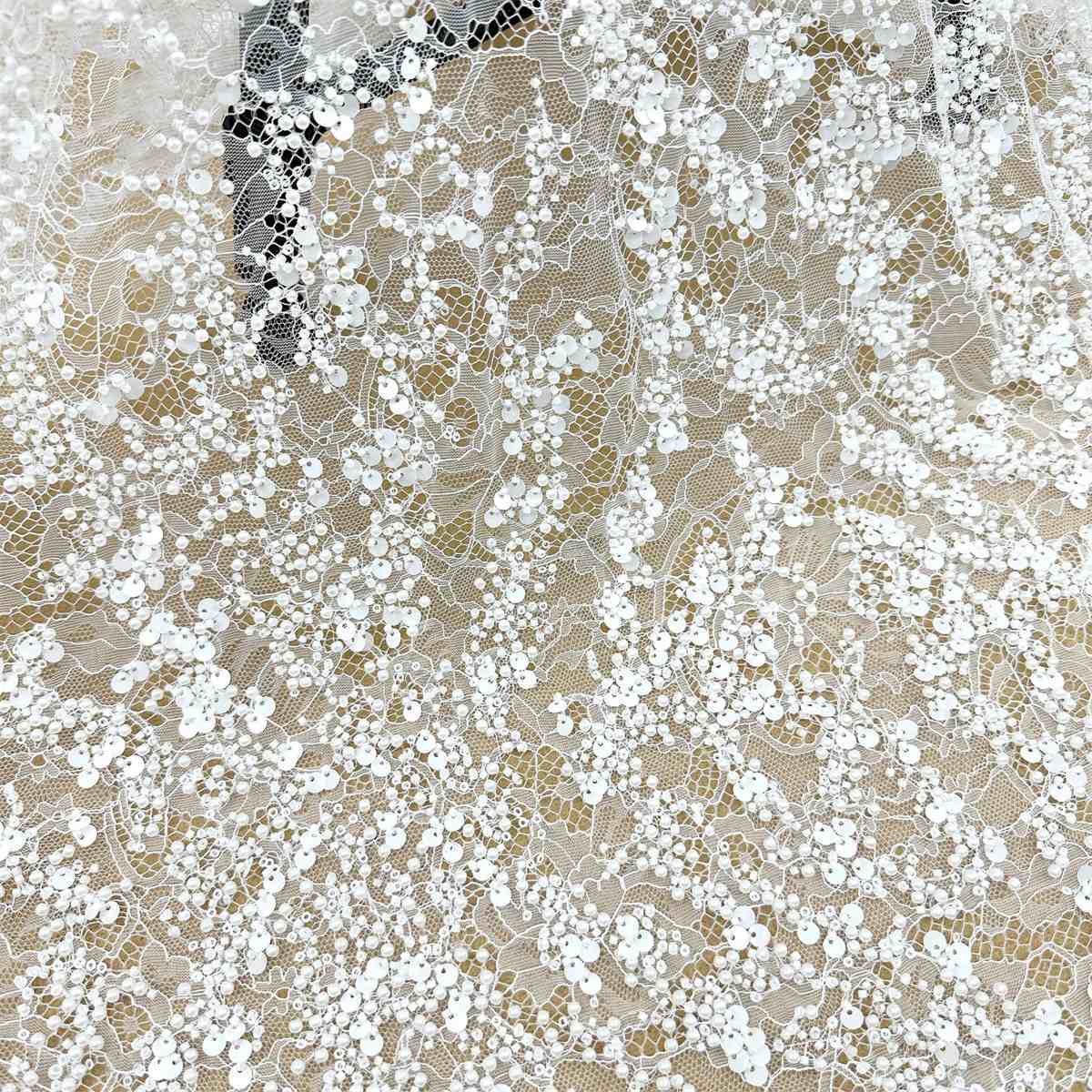 Bridal Lace Fabric - 1 Yard - Corded Embroidered Sequin Beaded Wedding Lace Fabric | lil034