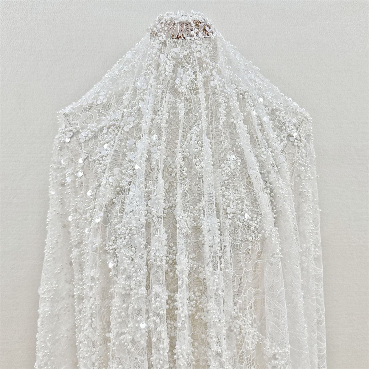 Bridal Lace Fabric - 1 Yard - Corded Embroidered Sequin Beaded Wedding Lace Fabric | lil034