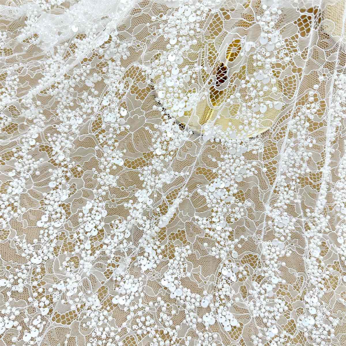 Bridal Lace Fabric - 1 Yard - Corded Embroidered Sequin Beaded Wedding Lace Fabric | lil034