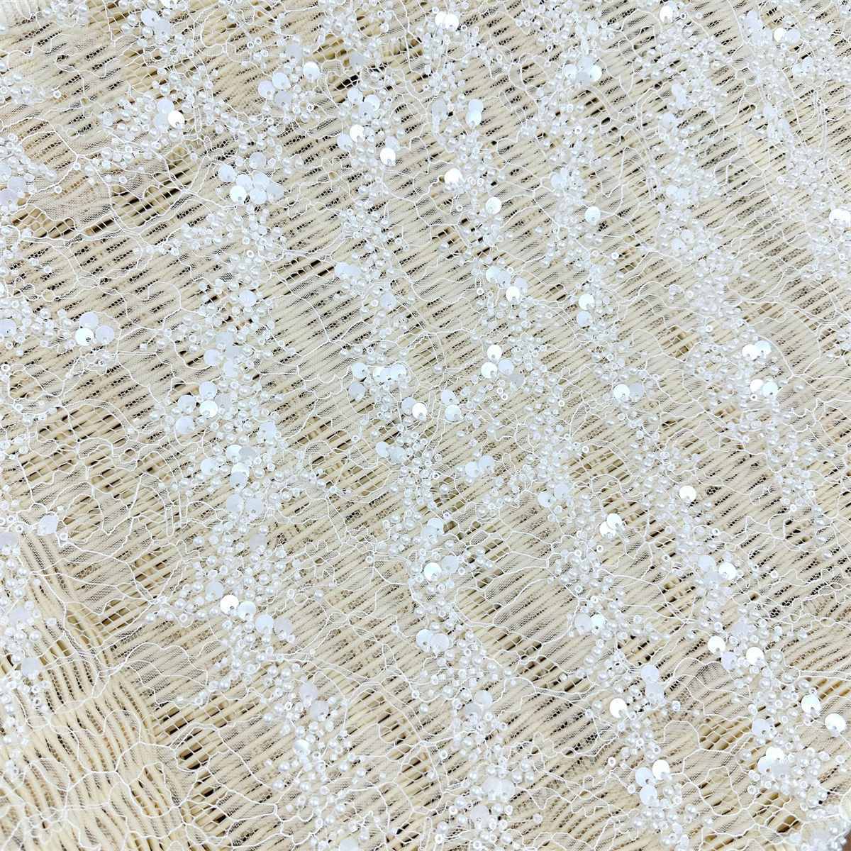 Bridal Lace Fabric - 1 Yard - Corded Embroidered Sequin Beaded Wedding Lace Fabric | lil034