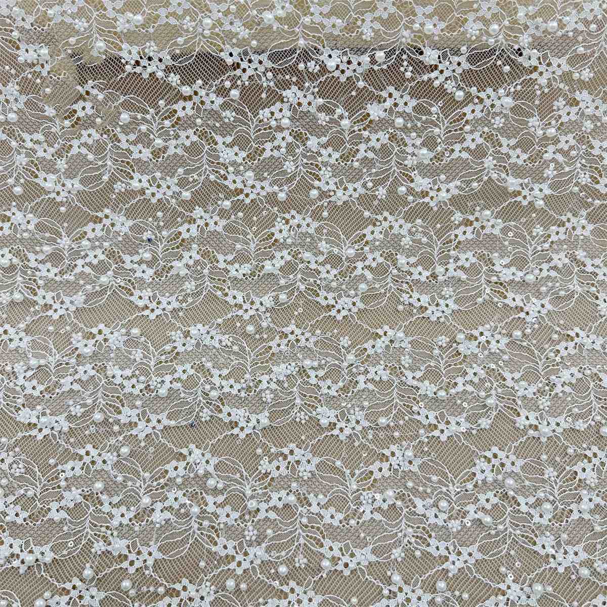 Bridal Lace Fabric - 1 Yard - Corded Embroidered Sequin Beaded Wedding Lace Fabric | lil035