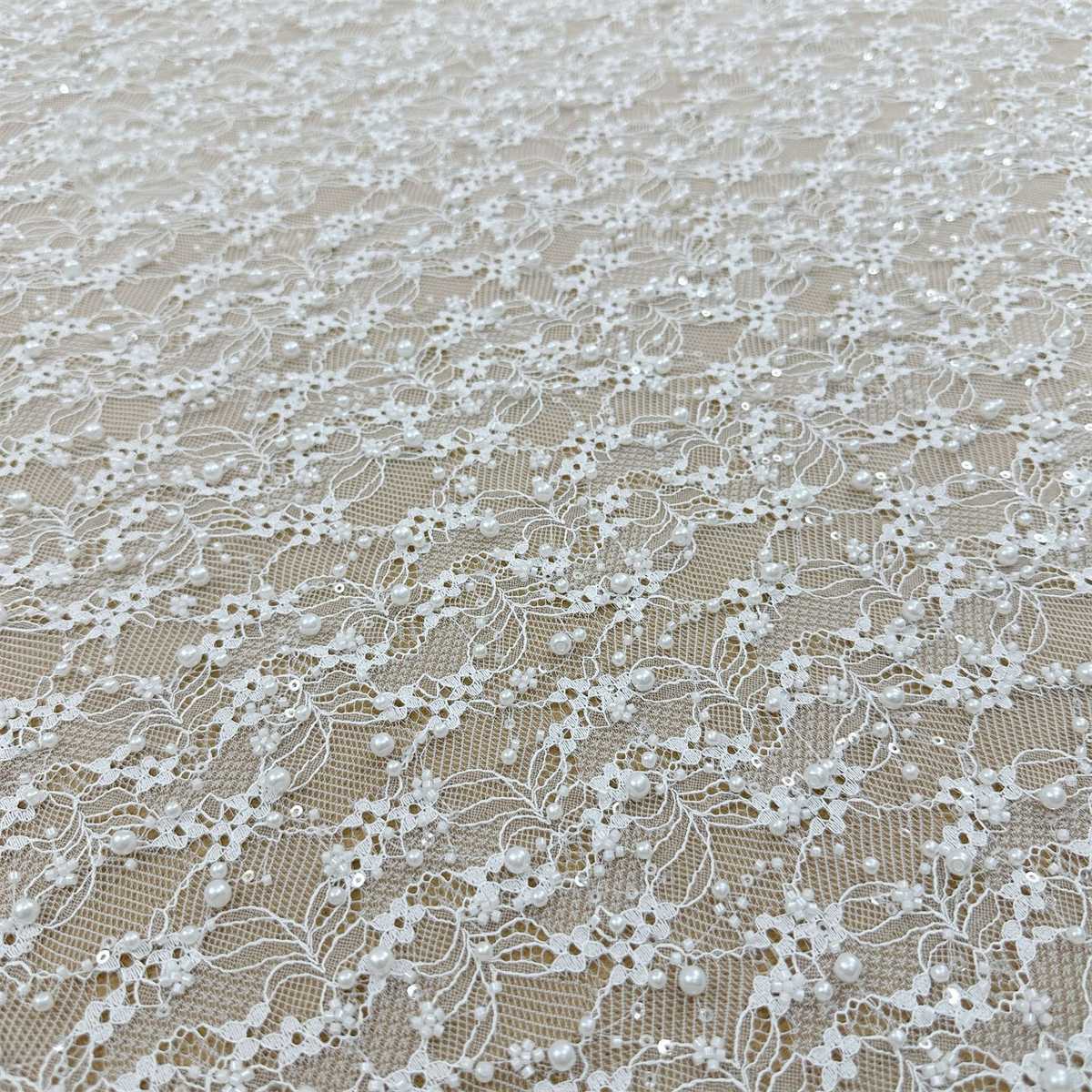 Bridal Lace Fabric - 1 Yard - Corded Embroidered Sequin Beaded Wedding Lace Fabric | lil035