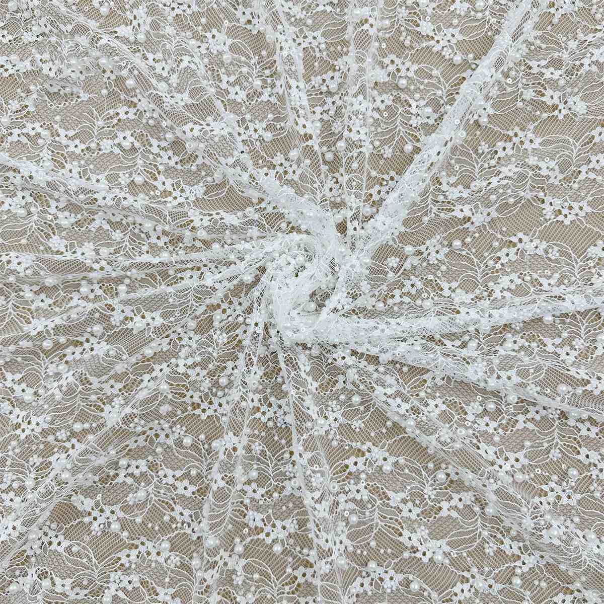 Bridal Lace Fabric - 1 Yard - Corded Embroidered Sequin Beaded Wedding Lace Fabric | lil035