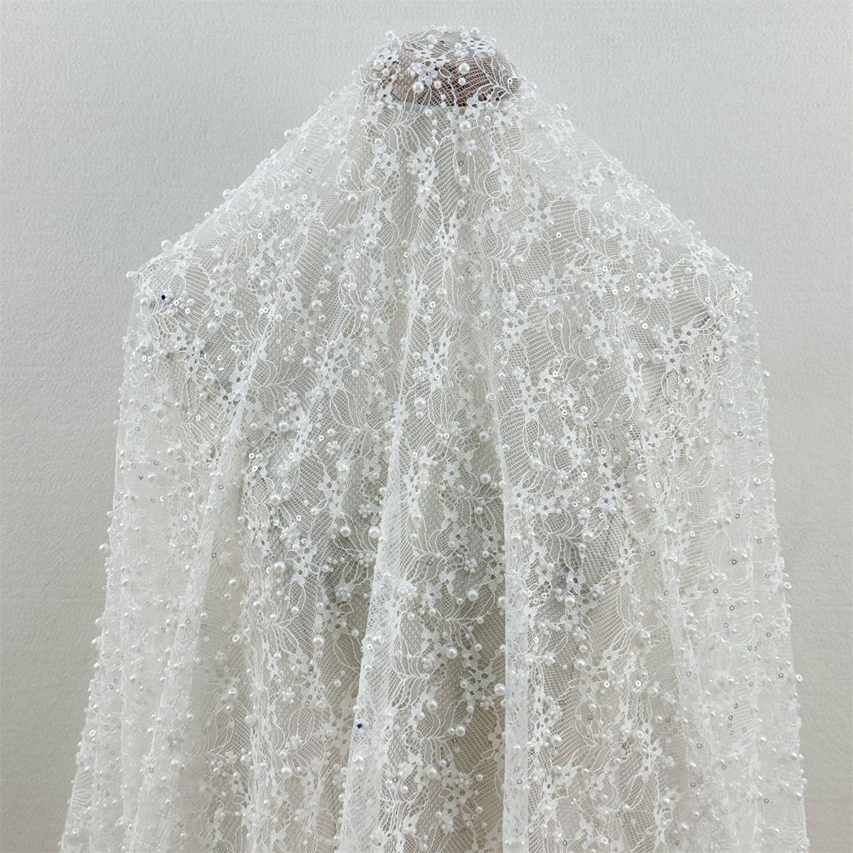 Bridal Lace Fabric - 1 Yard - Corded Embroidered Sequin Beaded Wedding Lace Fabric | lil035