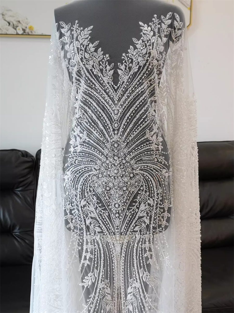 Bridal Lace Fabric - 1 Yard - Corded Embroidered Sequin Beaded Wedding Lace Fabric | lil036