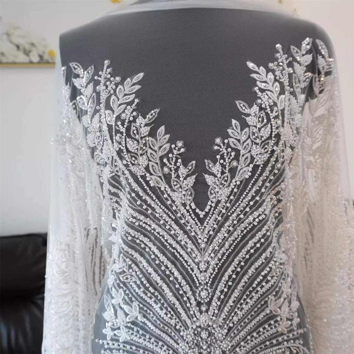 Bridal Lace Fabric - 1 Yard - Corded Embroidered Sequin Beaded Wedding Lace Fabric | lil036