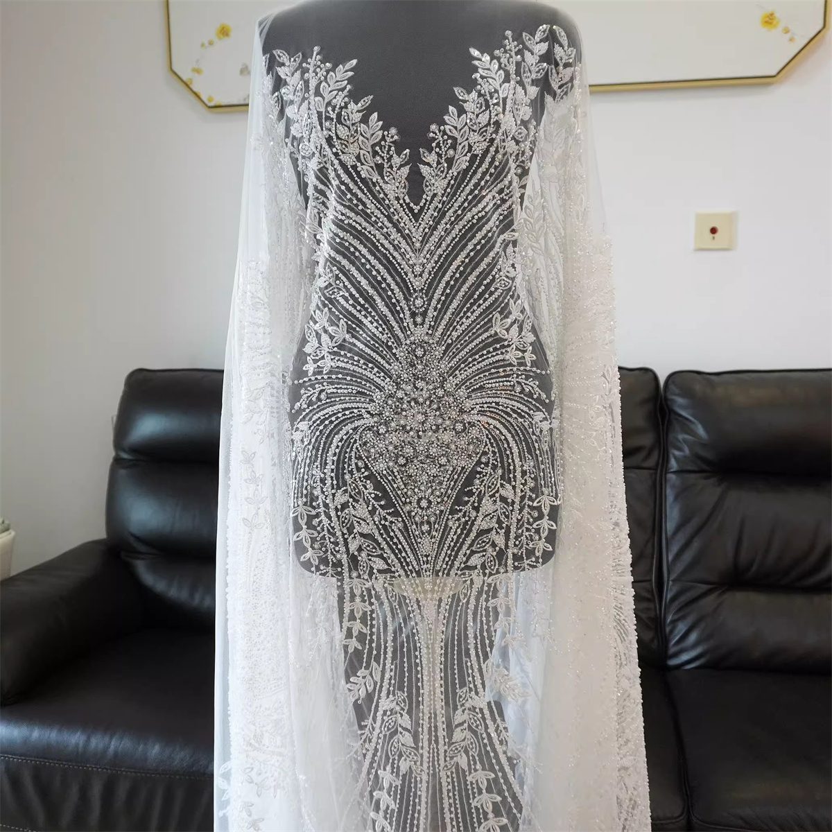Bridal Lace Fabric - 1 Yard - Corded Embroidered Sequin Beaded Wedding Lace Fabric | lil036
