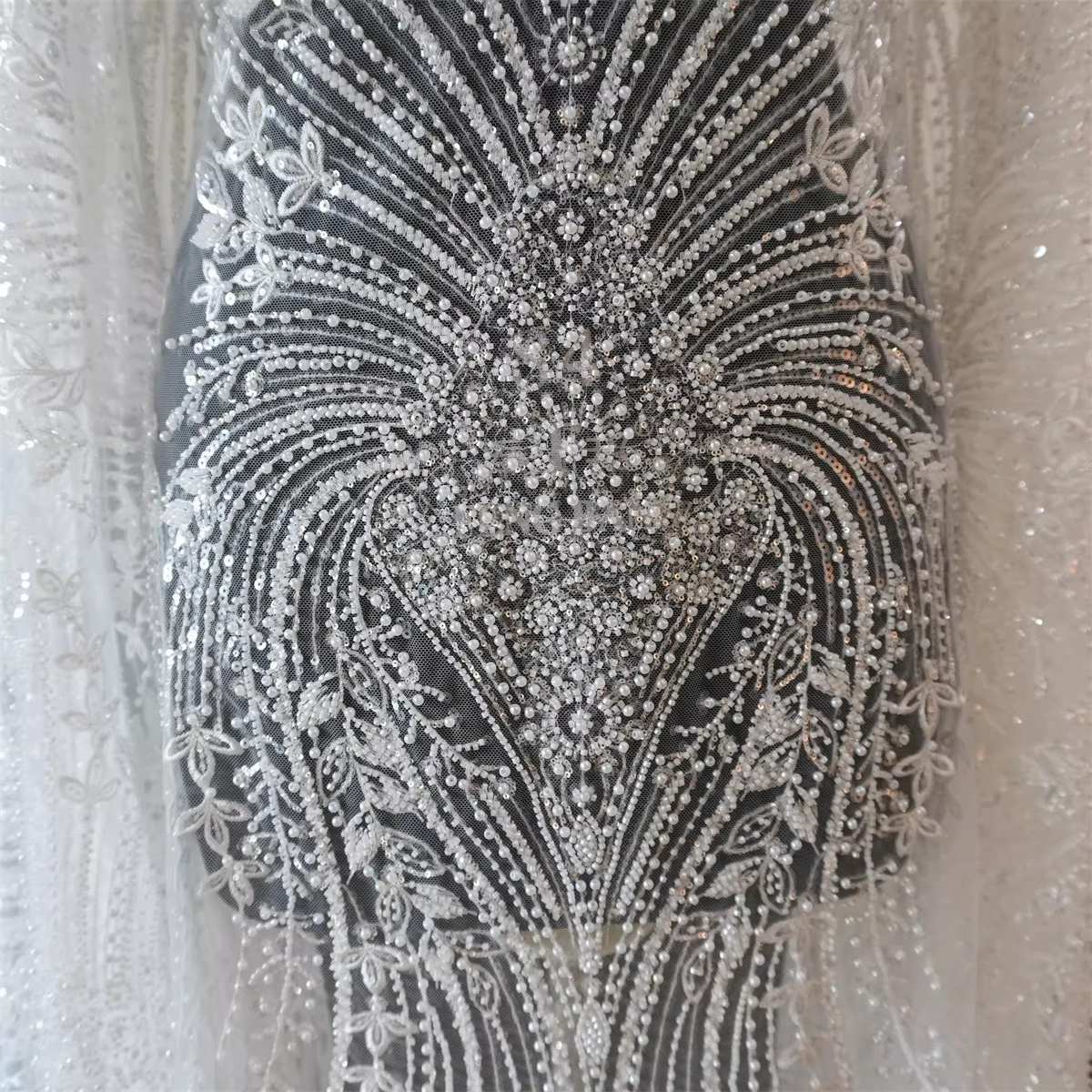 Bridal Lace Fabric - 1 Yard - Corded Embroidered Sequin Beaded Wedding Lace Fabric | lil036