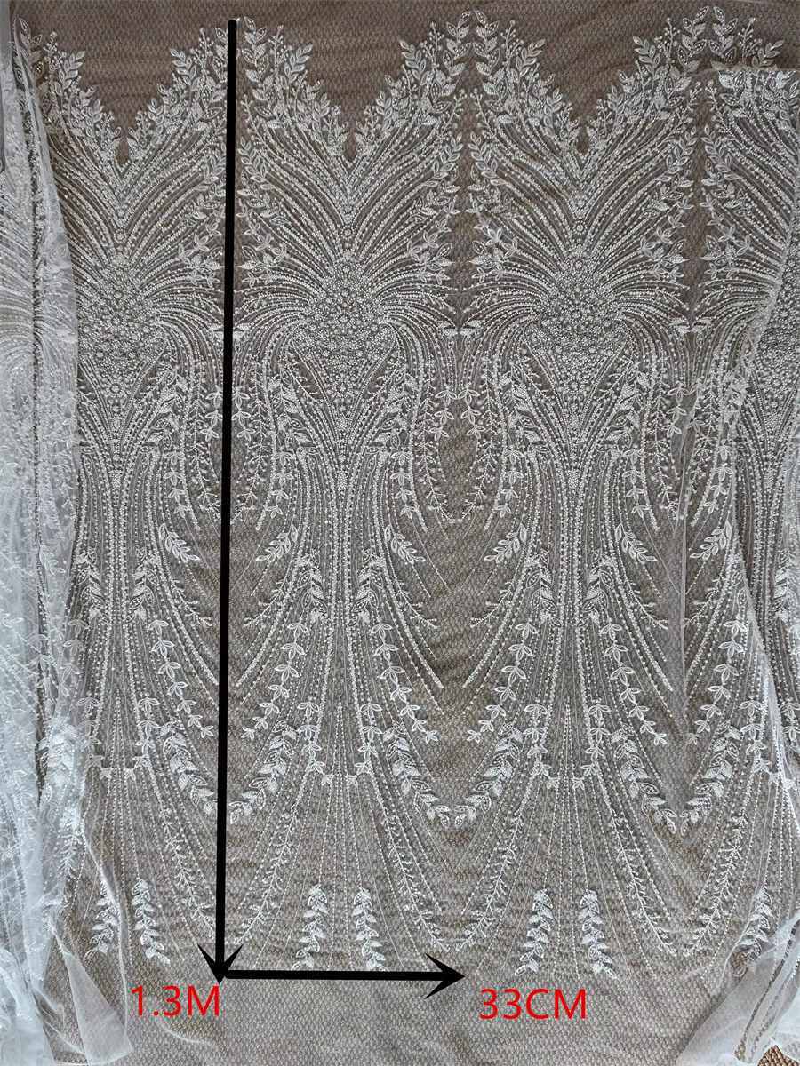 Bridal Lace Fabric - 1 Yard - Corded Embroidered Sequin Beaded Wedding Lace Fabric | lil036