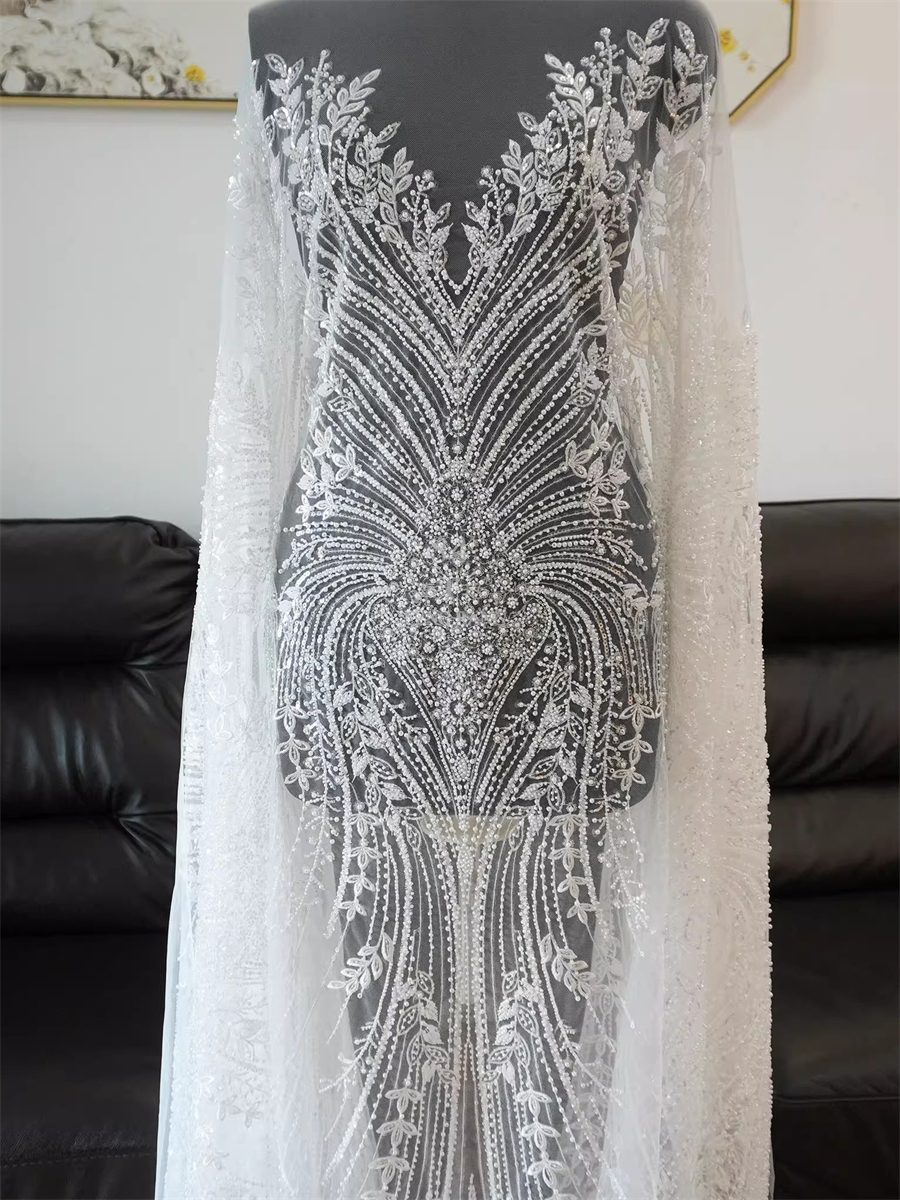 Bridal Lace Fabric - 1 Yard - Corded Embroidered Sequin Beaded Wedding Lace Fabric | lil036