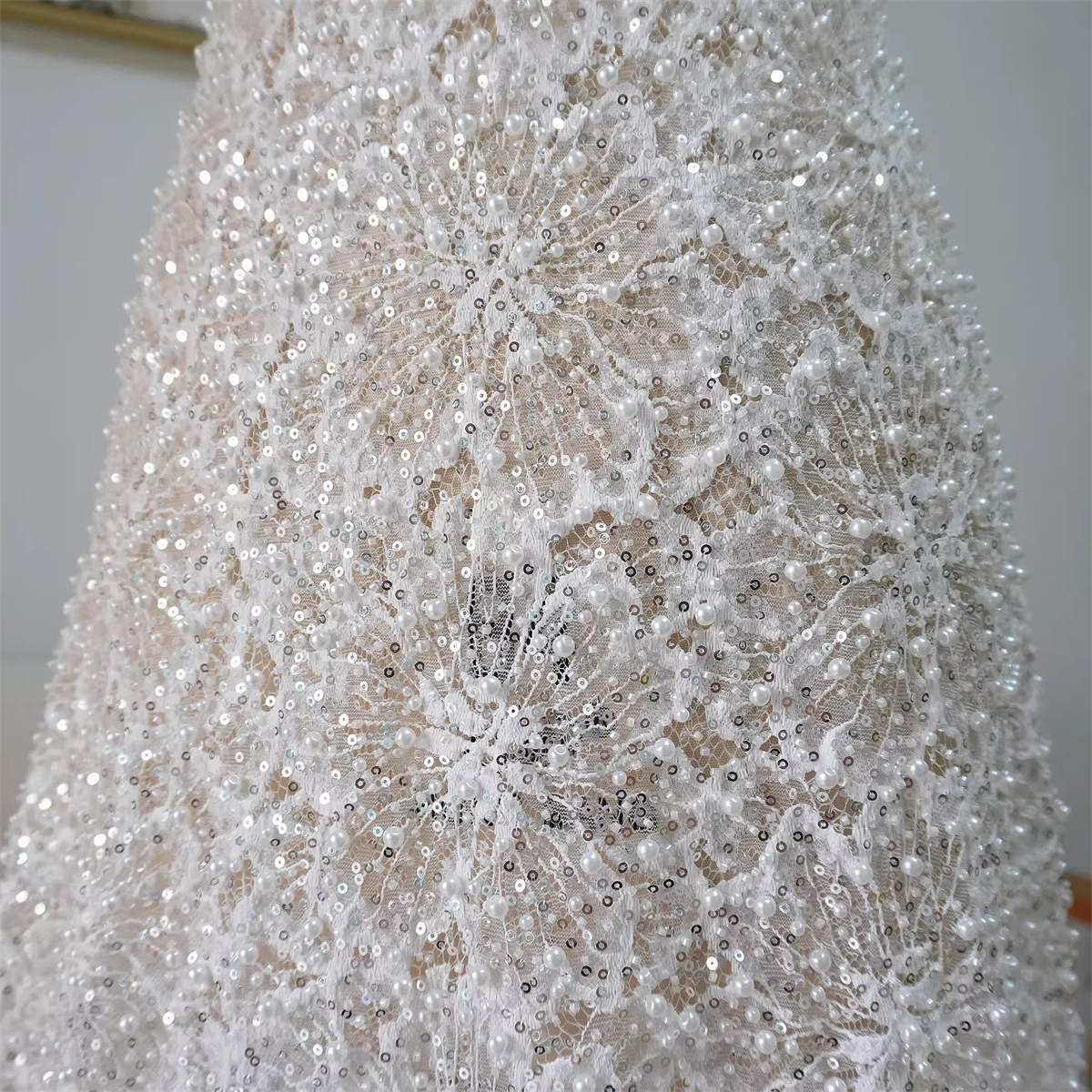 Bridal Lace Fabric - 1 Yard - Corded Embroidered Sequin Beaded Wedding Lace Fabric | lil039