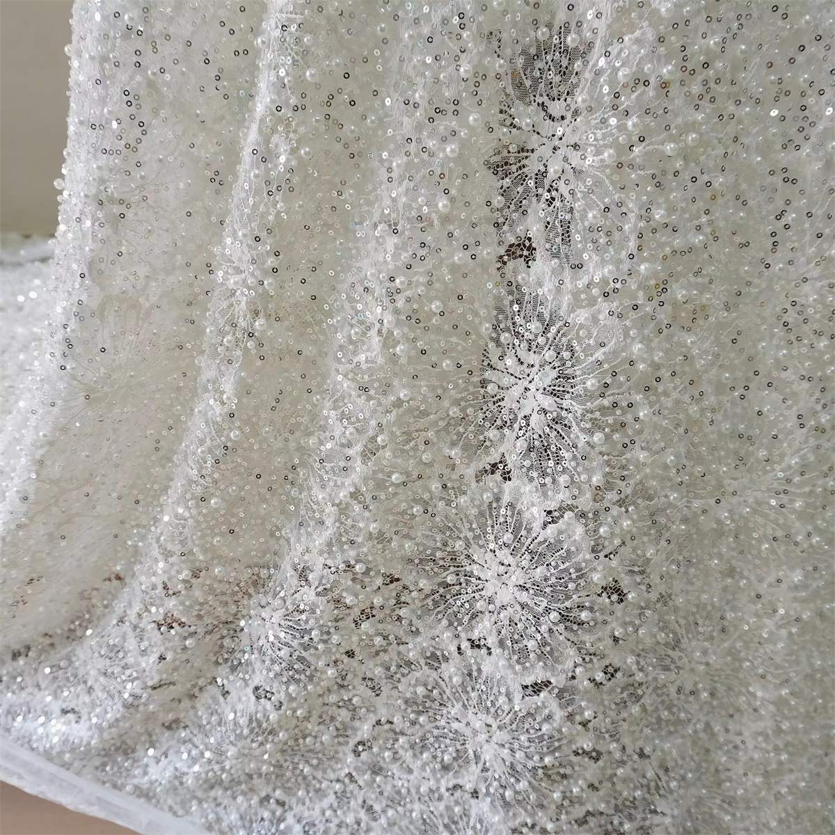 Bridal Lace Fabric - 1 Yard - Corded Embroidered Sequin Beaded Wedding Lace Fabric | lil039