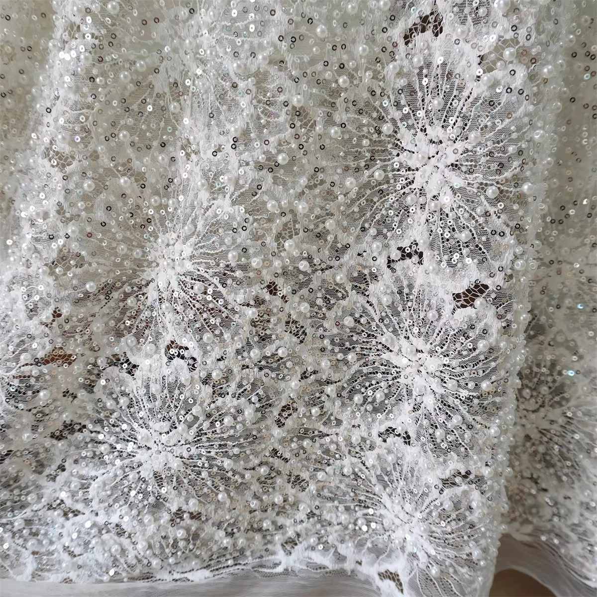 Bridal Lace Fabric - 1 Yard - Corded Embroidered Sequin Beaded Wedding Lace Fabric | lil039