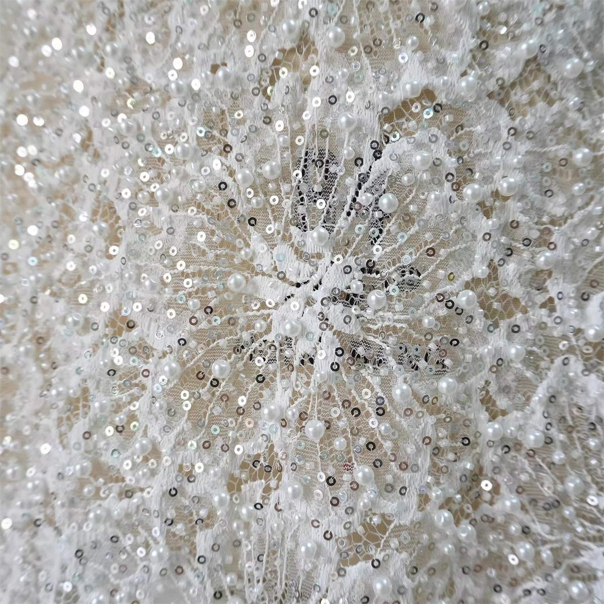 Bridal Lace Fabric - 1 Yard - Corded Embroidered Sequin Beaded Wedding Lace Fabric | lil039