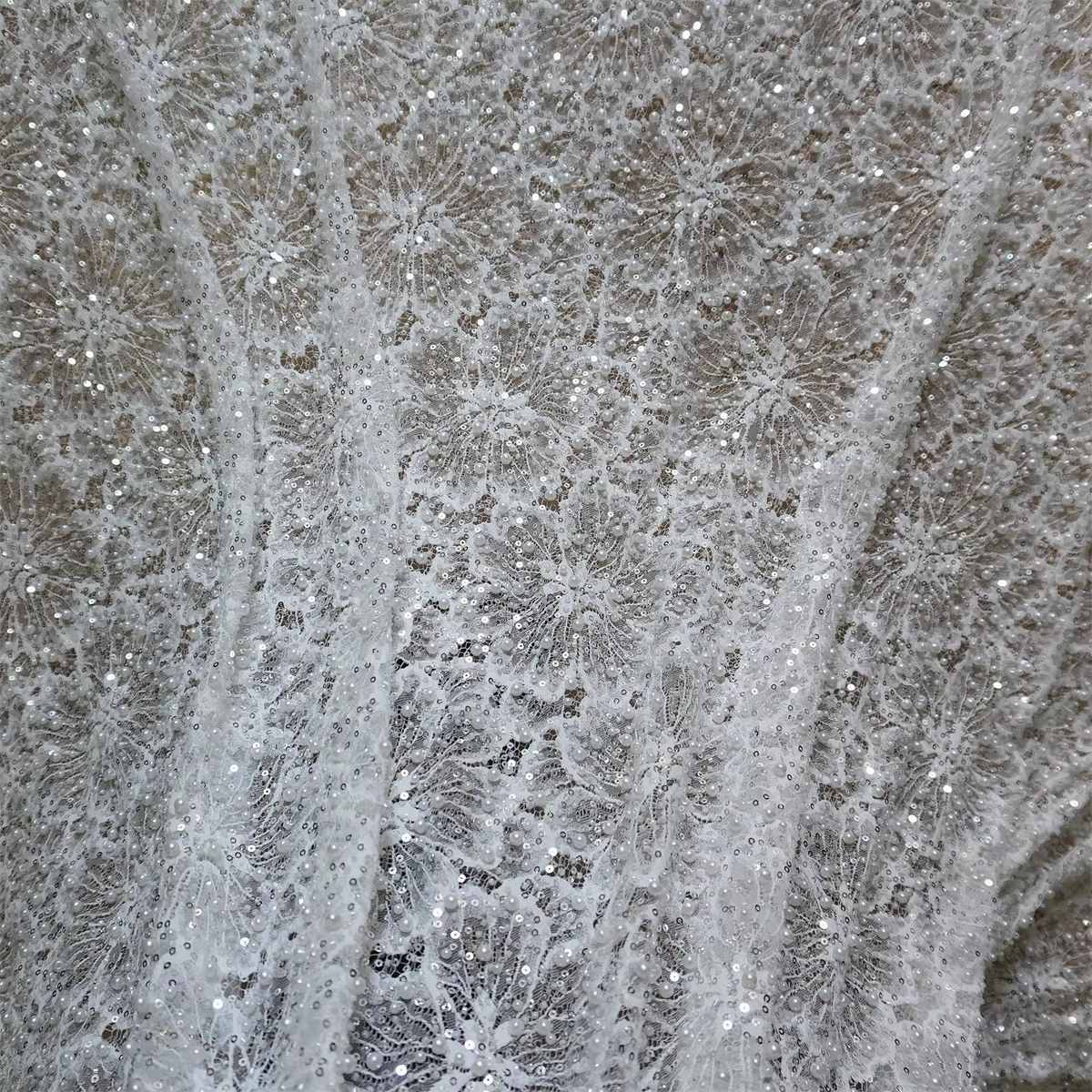 Bridal Lace Fabric - 1 Yard - Corded Embroidered Sequin Beaded Wedding Lace Fabric | lil039