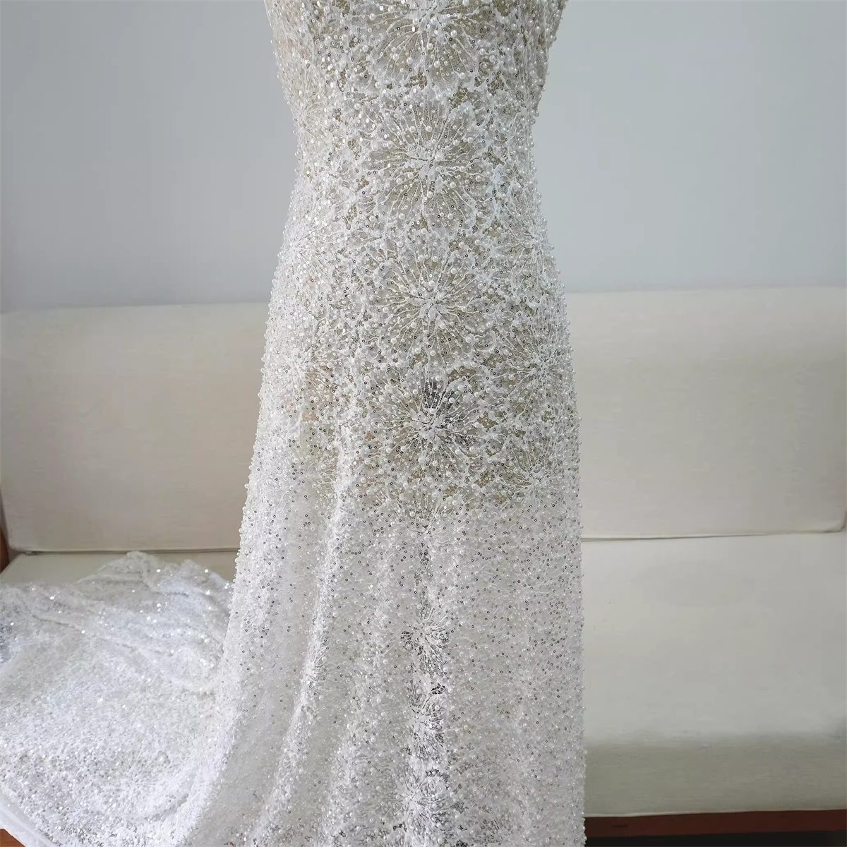 Bridal Lace Fabric - 1 Yard - Corded Embroidered Sequin Beaded Wedding Lace Fabric | lil039