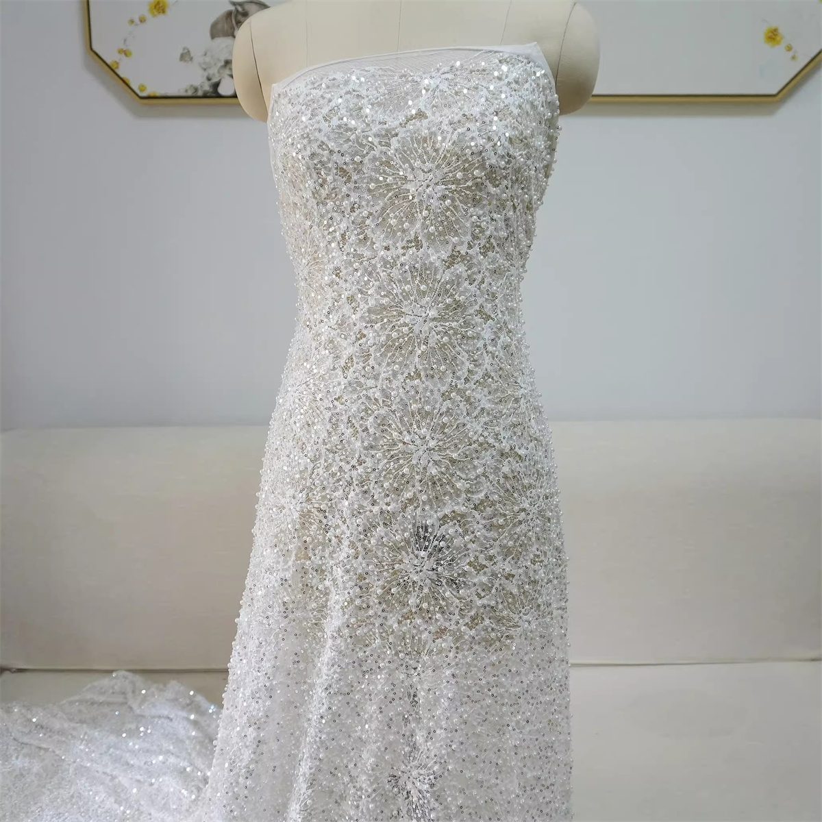 Bridal Lace Fabric - 1 Yard - Corded Embroidered Sequin Beaded Wedding Lace Fabric | lil039