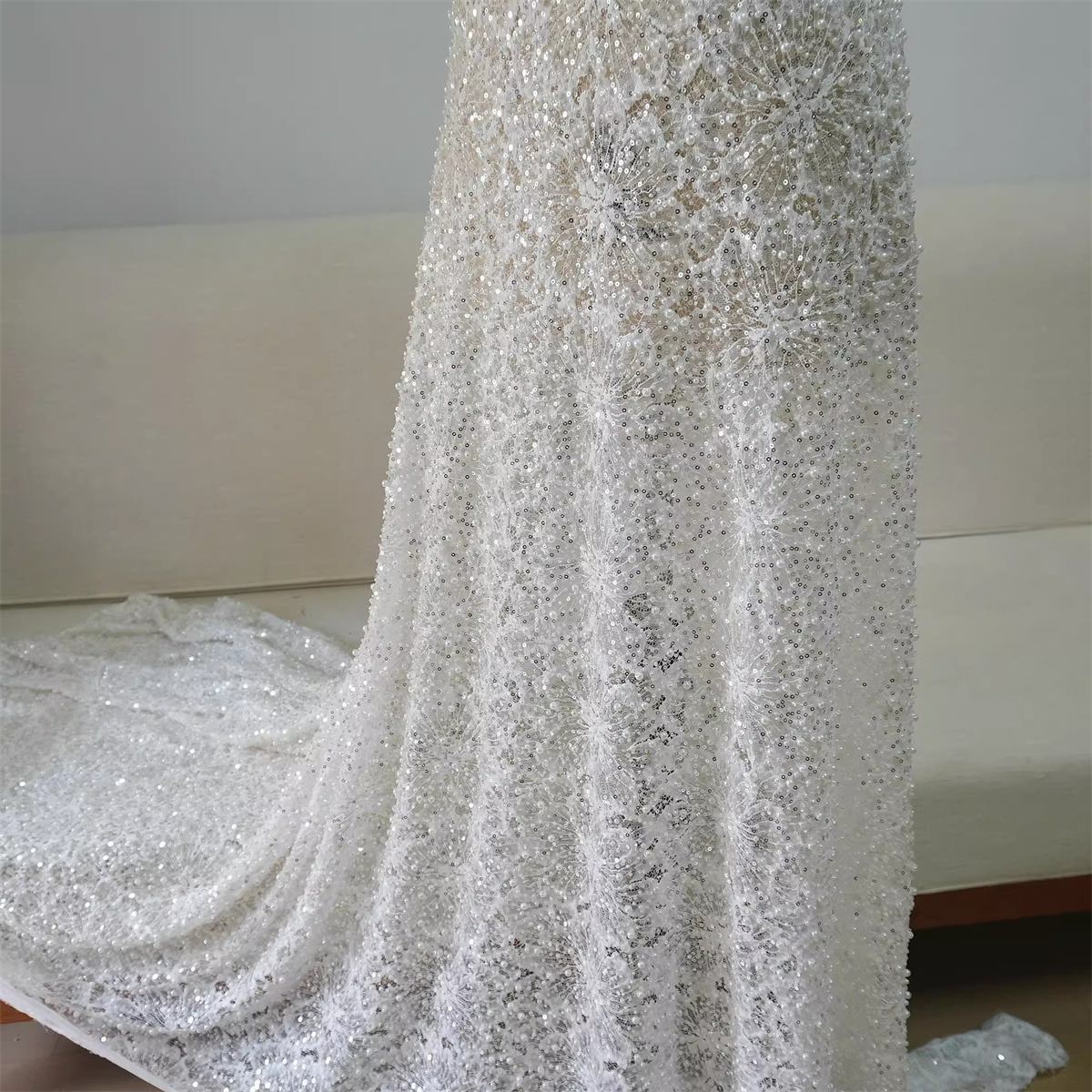 Bridal Lace Fabric - 1 Yard - Corded Embroidered Sequin Beaded Wedding Lace Fabric | lil039