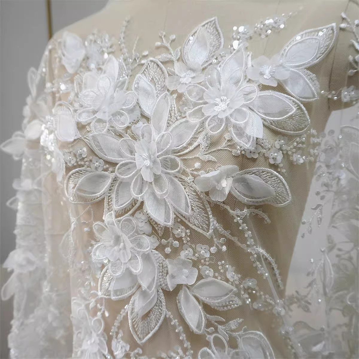 Bridal Lace Fabric - 1 Yard - Corded Embroidered Sequin Beaded Wedding Lace Fabric | lil040