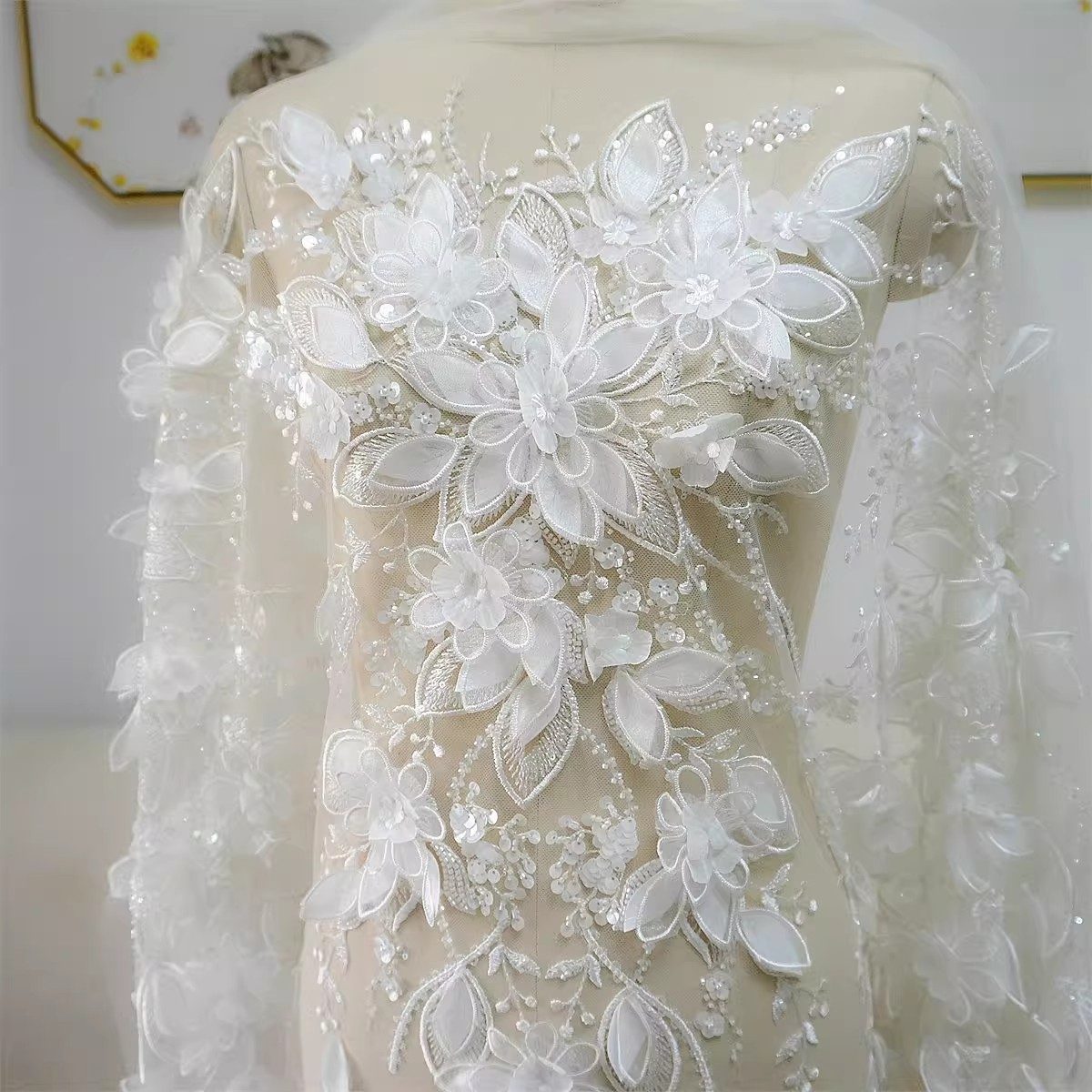 Bridal Lace Fabric - 1 Yard - Corded Embroidered Sequin Beaded Wedding Lace Fabric | lil040