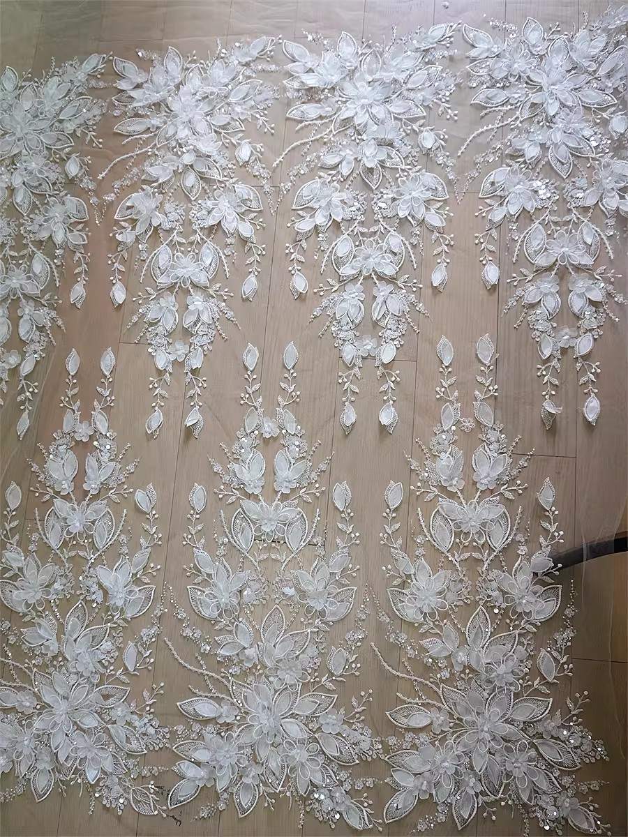 Bridal Lace Fabric - 1 Yard - Corded Embroidered Sequin Beaded Wedding Lace Fabric | lil040