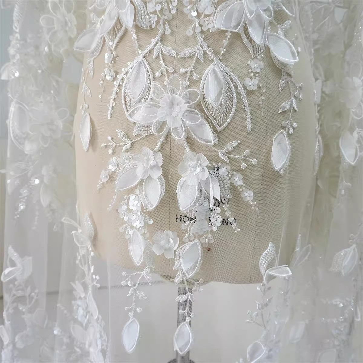 Bridal Lace Fabric - 1 Yard - Corded Embroidered Sequin Beaded Wedding Lace Fabric | lil040