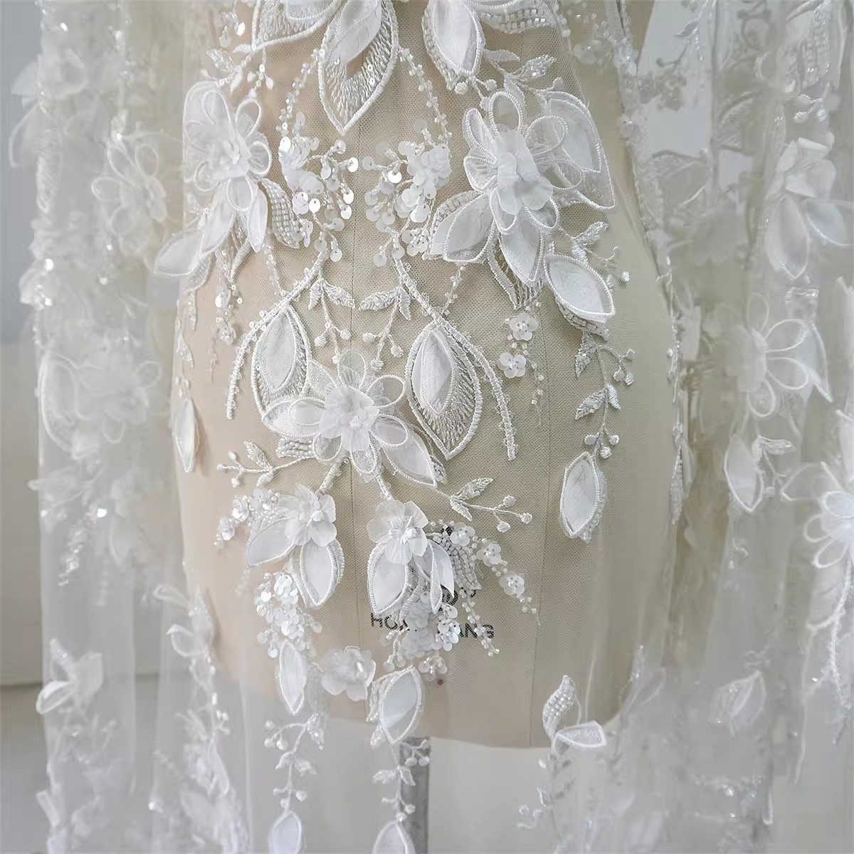Bridal Lace Fabric - 1 Yard - Corded Embroidered Sequin Beaded Wedding Lace Fabric | lil040