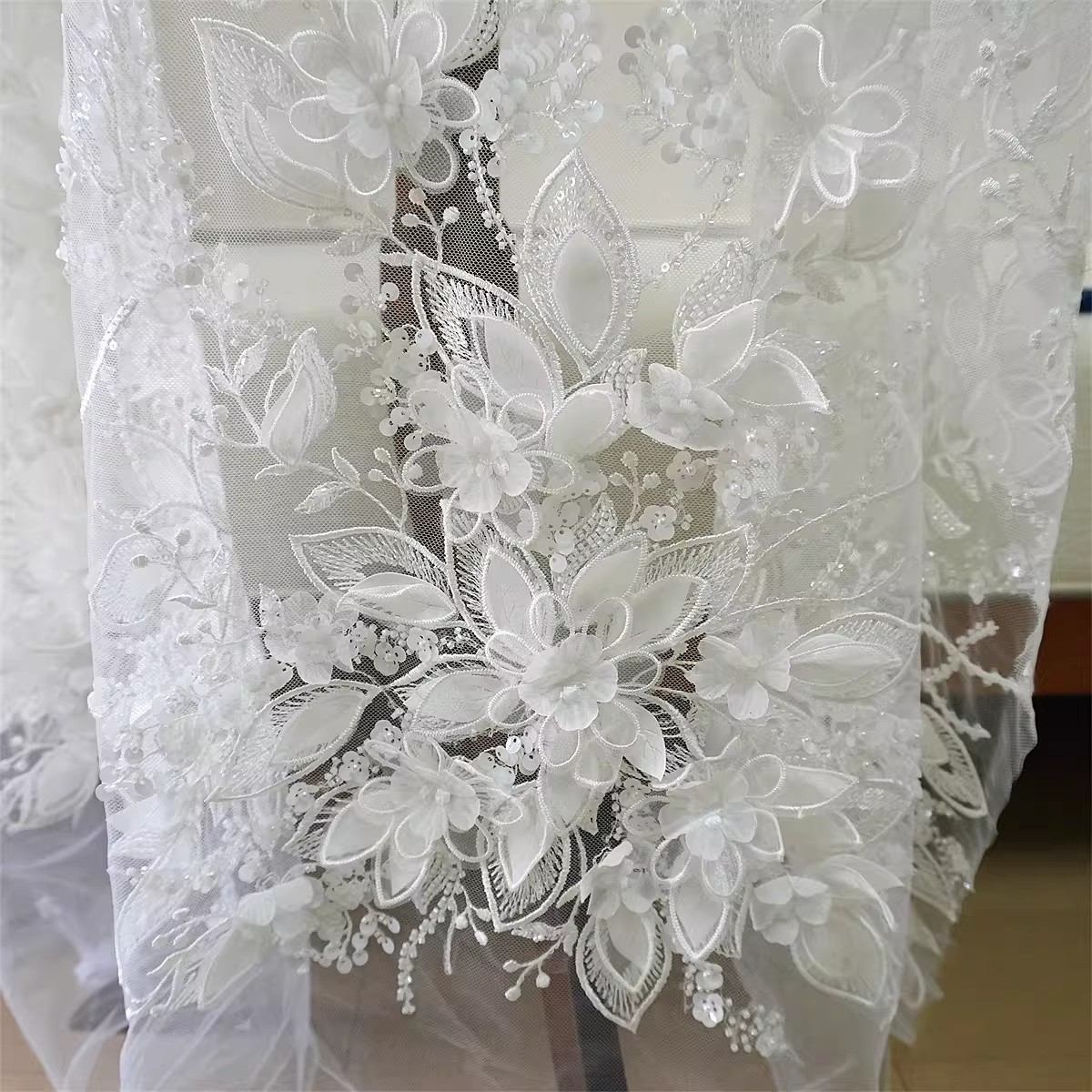 Bridal Lace Fabric - 1 Yard - Corded Embroidered Sequin Beaded Wedding Lace Fabric | lil040