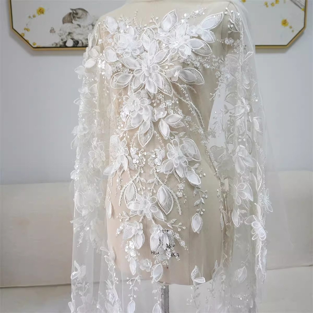 Bridal Lace Fabric - 1 Yard - Corded Embroidered Sequin Beaded Wedding Lace Fabric | lil040