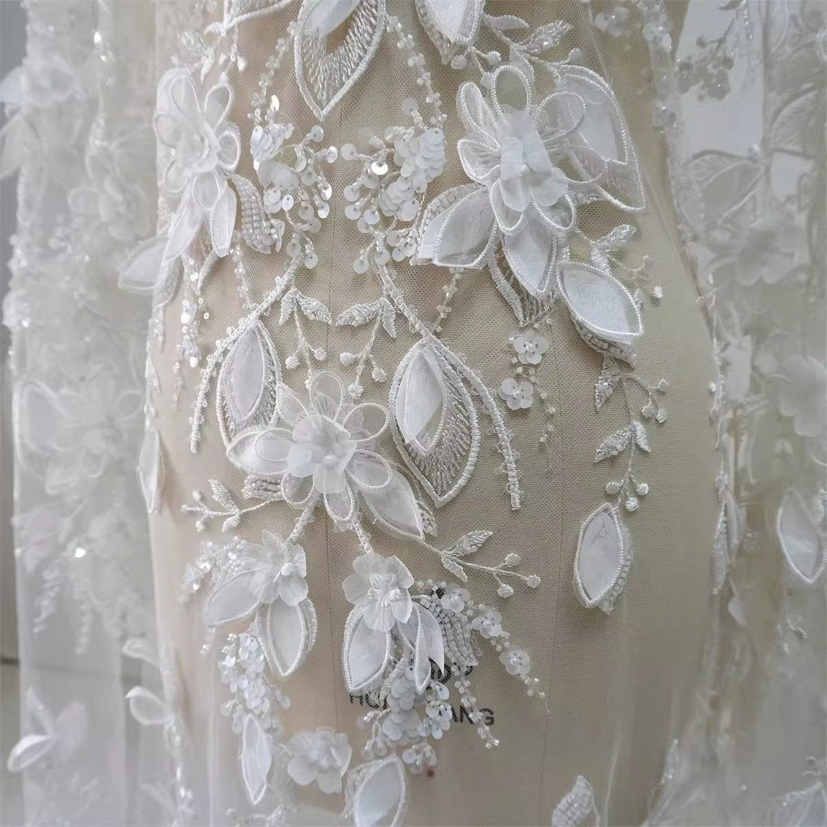 Bridal Lace Fabric - 1 Yard - Corded Embroidered Sequin Beaded Wedding Lace Fabric | lil040