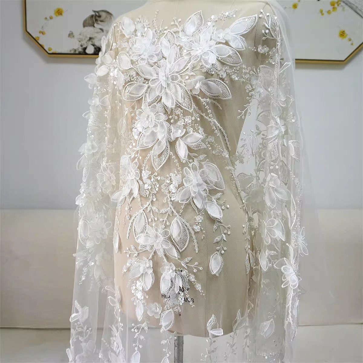 Bridal Lace Fabric - 1 Yard - Corded Embroidered Sequin Beaded Wedding Lace Fabric | lil040