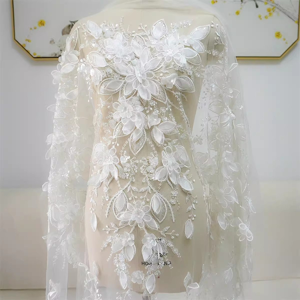 Bridal Lace Fabric - 1 Yard - Corded Embroidered Sequin Beaded Wedding Lace Fabric | lil040