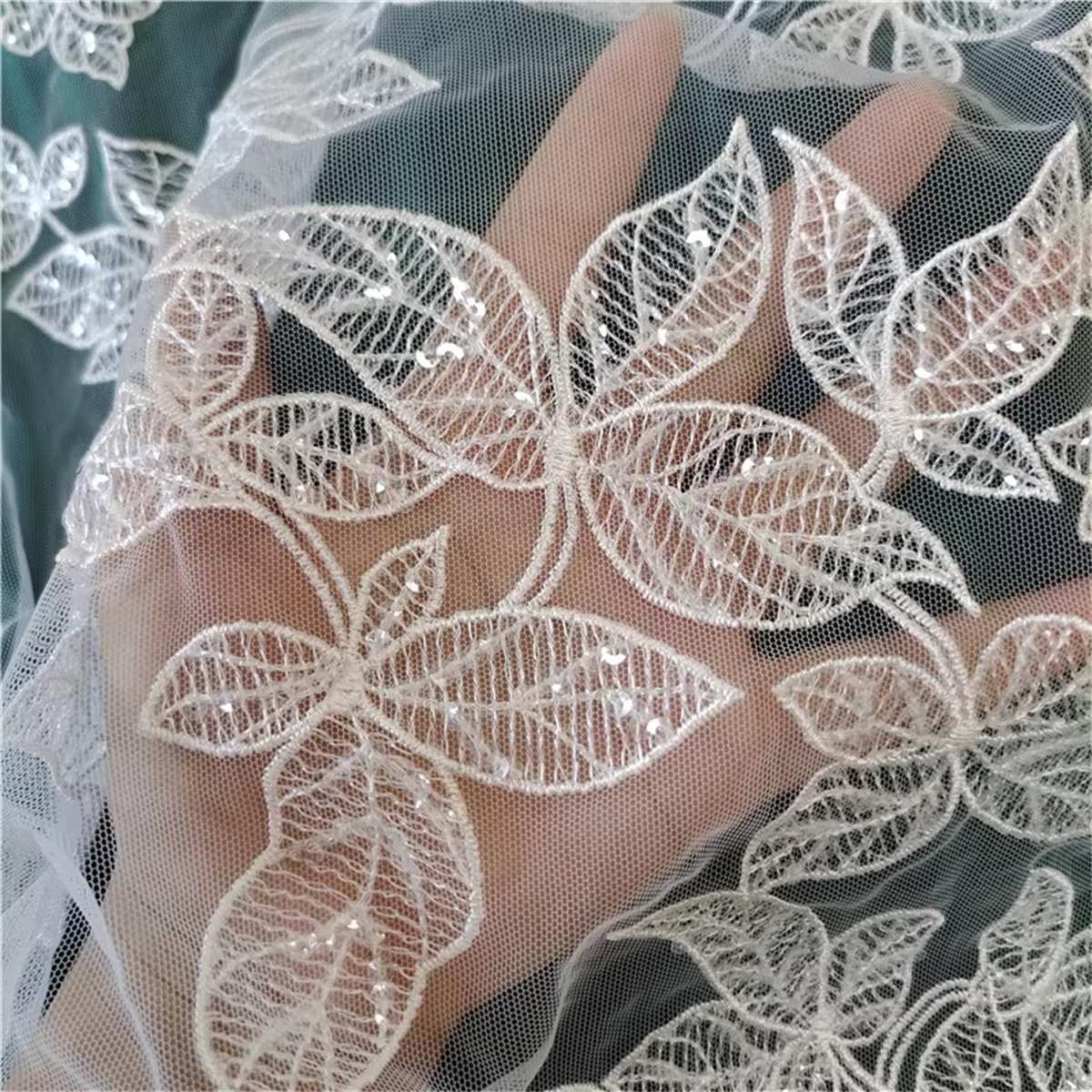 Bridal Lace Fabric - 1 Yard - Corded Embroidered Sequin Beaded Wedding Lace Fabric | lil049