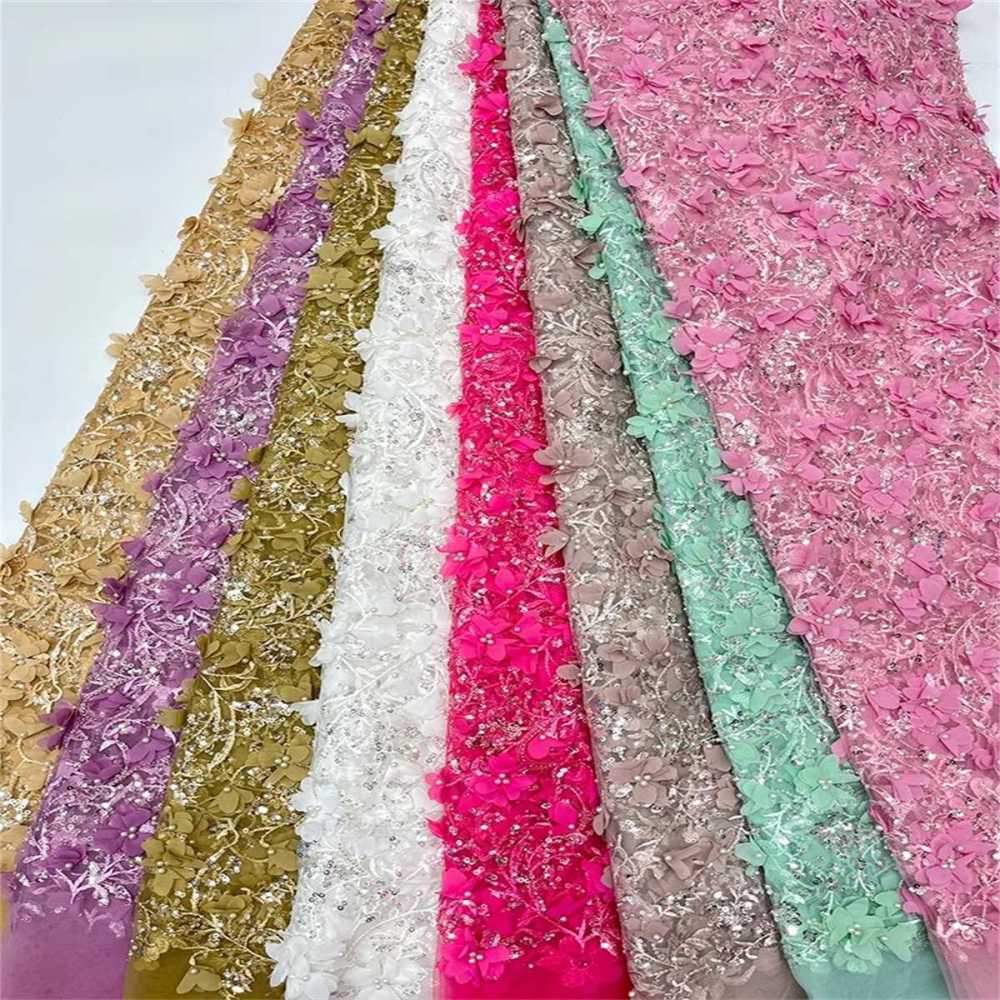 Embroidered Beaded 3D Floral Lace Fabric - 5 Yards | COD ZT046