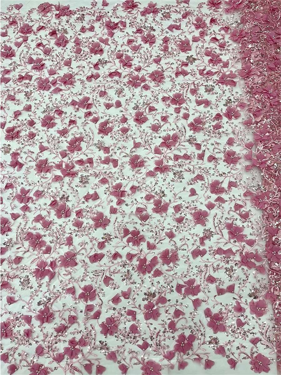 Embroidered Beaded 3D Floral Lace Fabric - 5 Yards | COD ZT046