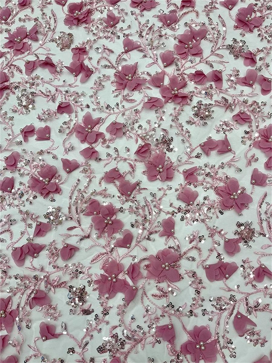Embroidered Beaded 3D Floral Lace Fabric - 5 Yards | COD ZT046