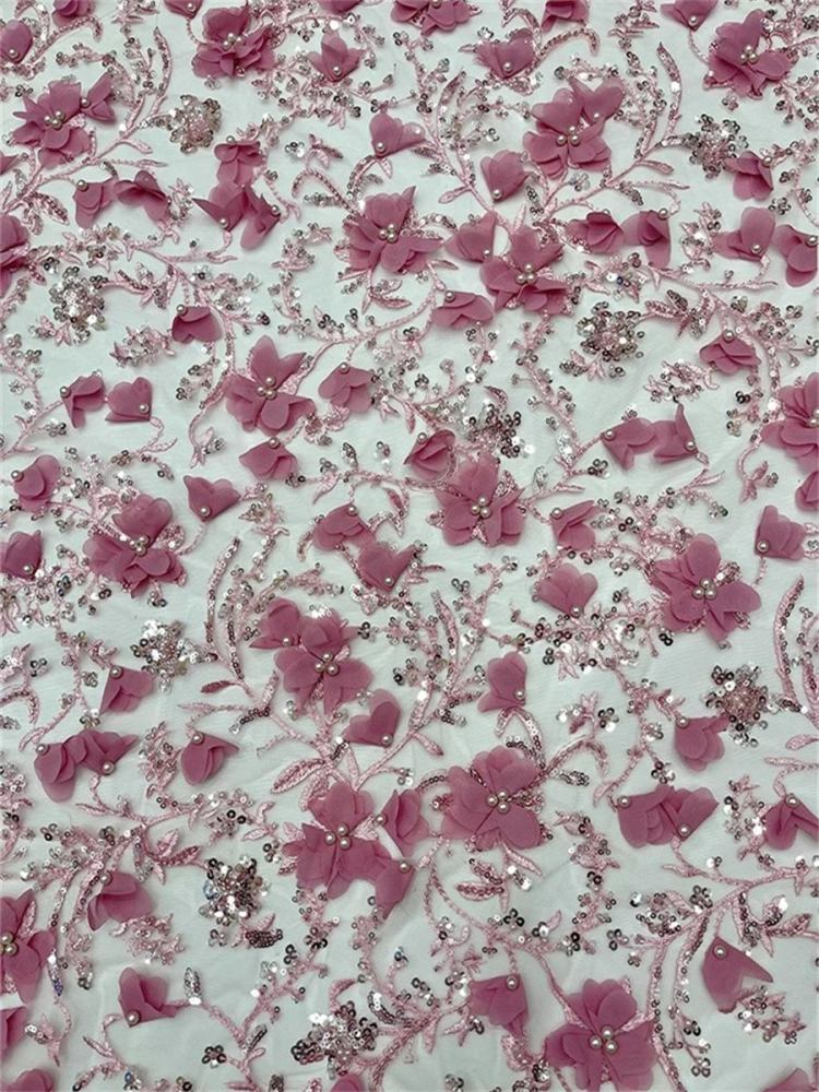 Embroidered Beaded 3D Floral Lace Fabric - 5 Yards | COD ZT046