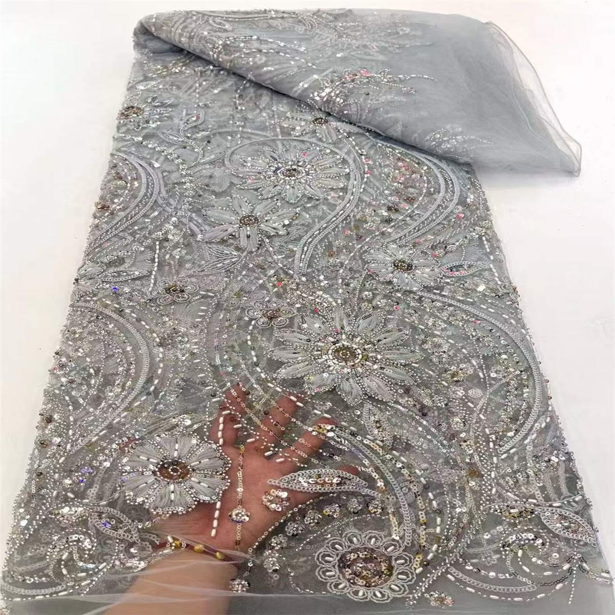 Beaded Tulle 3D Floral Fabric - 5 Yards | COD ZT102