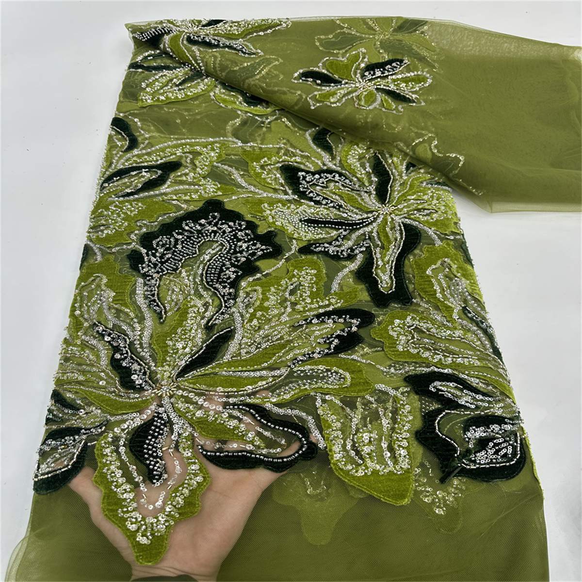 Beaded Tulle 3D Floral Fabric - 5 Yards | COD ZT025