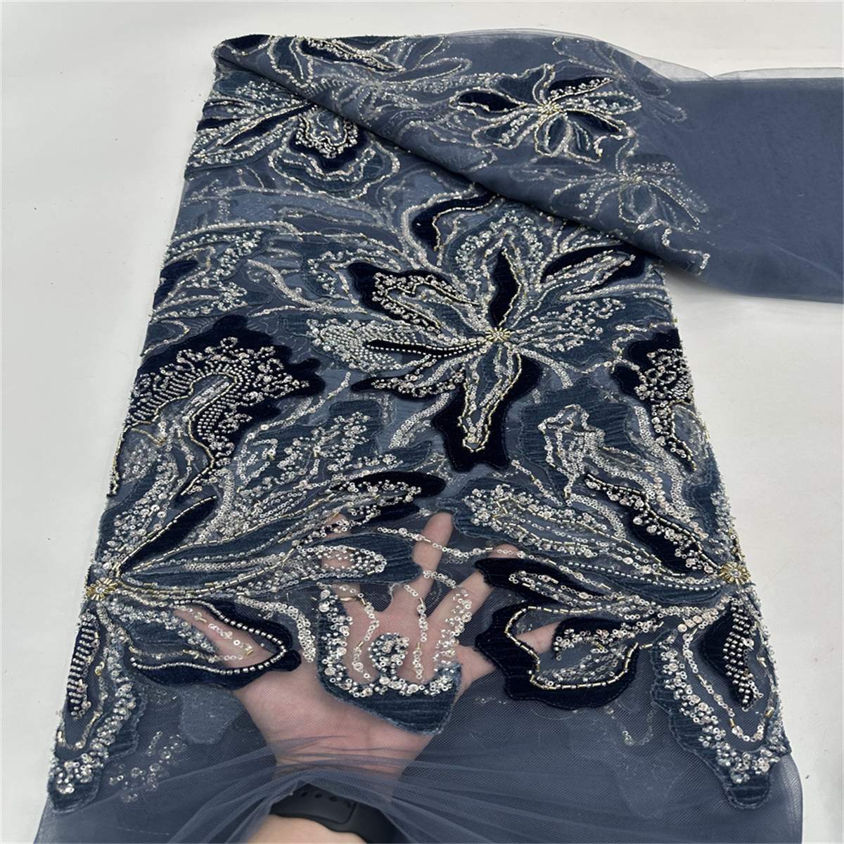 Beaded Tulle 3D Floral Fabric - 5 Yards | COD ZT025