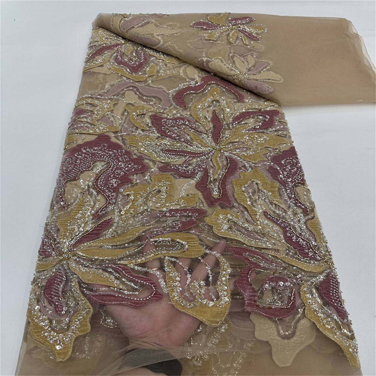 Beaded Tulle 3D Floral Fabric - 5 Yards | COD ZT025