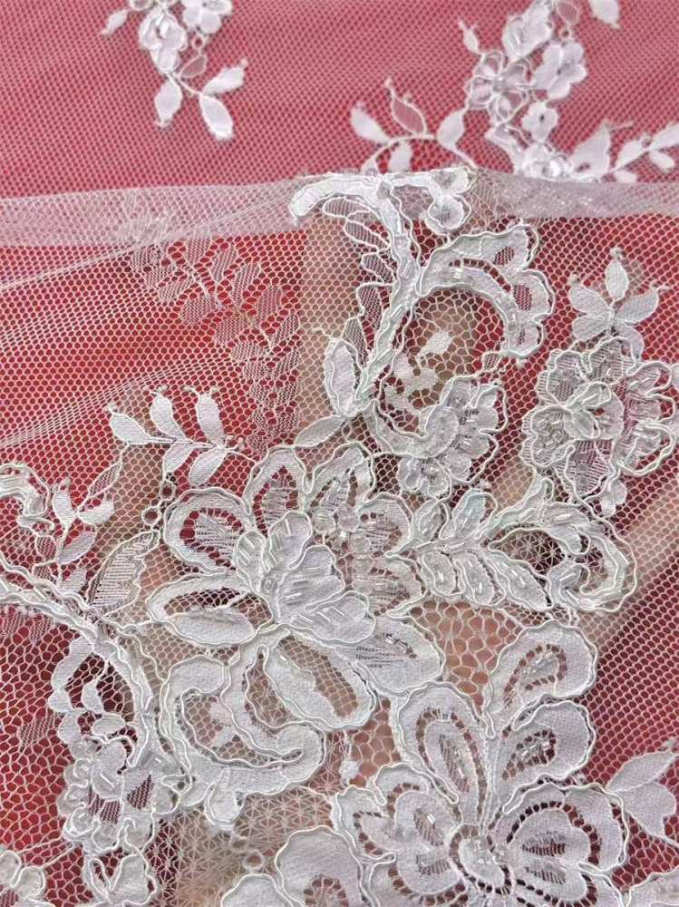 Bridal Lace Fabric - 3 Meters - Corded Beaded Chantilly Wedding Lace Fabric | HN504