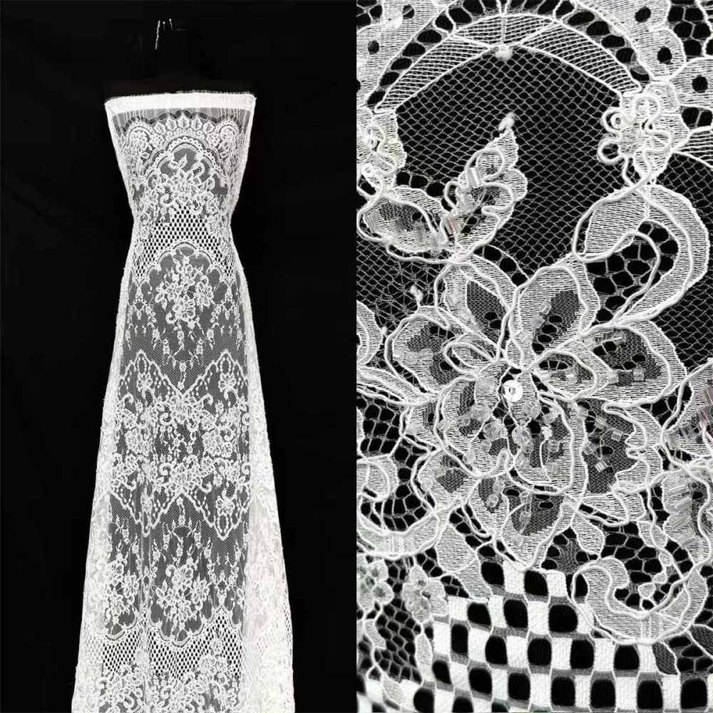 Bridal Lace Fabric - 3 Meters - Corded Beaded Chantilly Wedding Lace Fabric | HN506