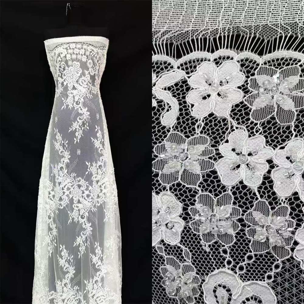 Bridal Lace Fabric - 3 Meters - Corded Beaded Chantilly Wedding Lace Fabric | HN512