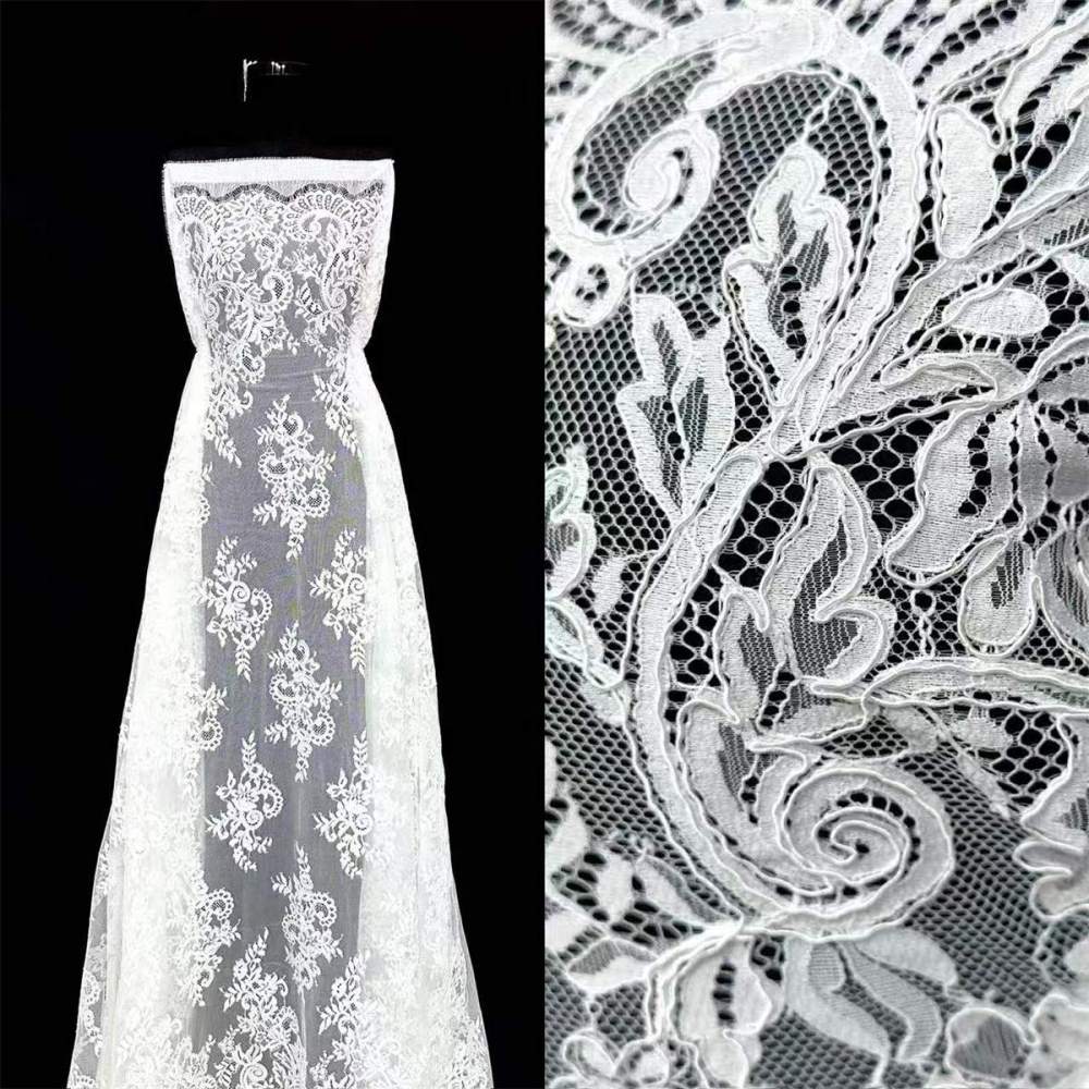 Bridal Lace Fabric - 3 Meters - Corded Beaded Chantilly Wedding Lace Fabric | HN519