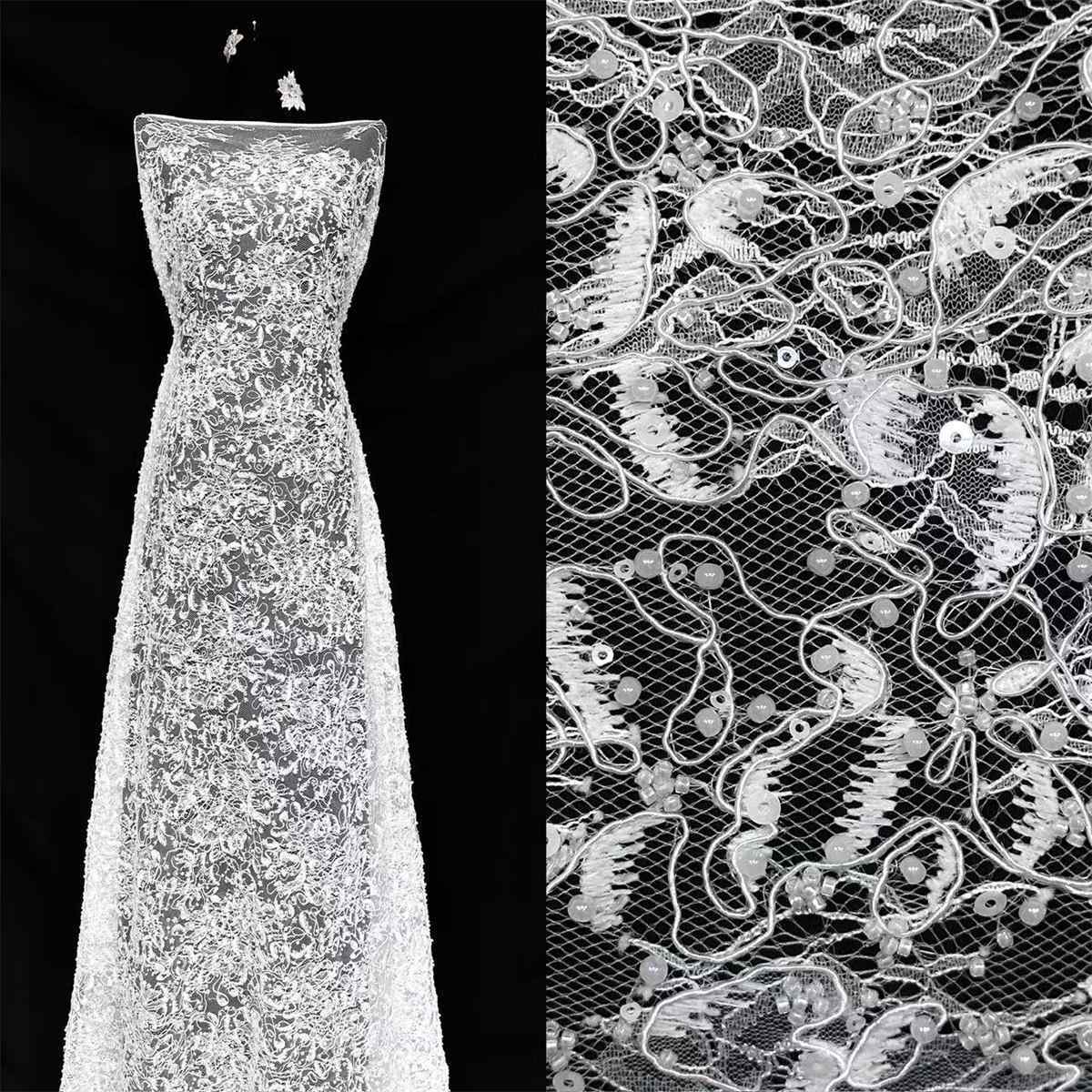 Bridal Lace Fabric - 5 Yards - Beaded Wedding Lace Fabric | HN573