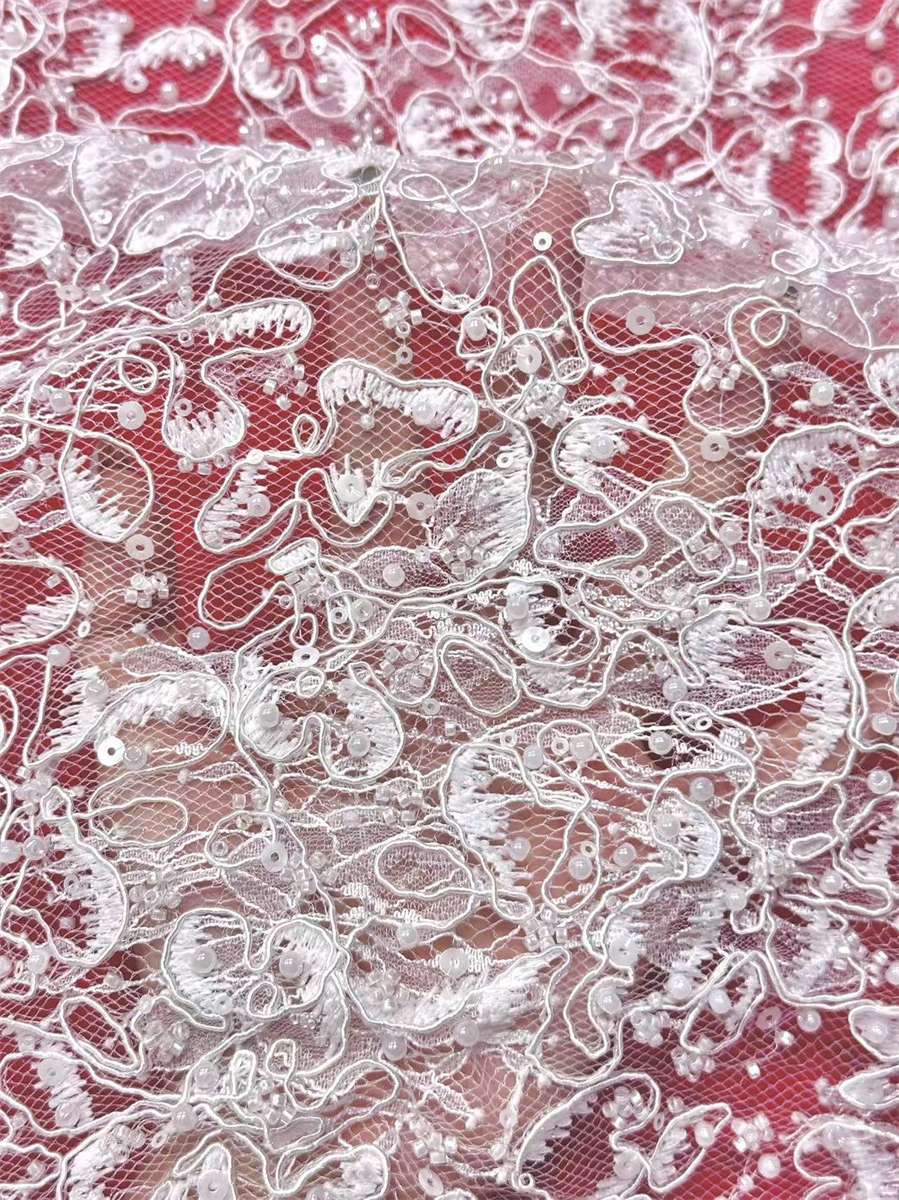 Bridal Lace Fabric - 5 Yards - Beaded Wedding Lace Fabric | HN573