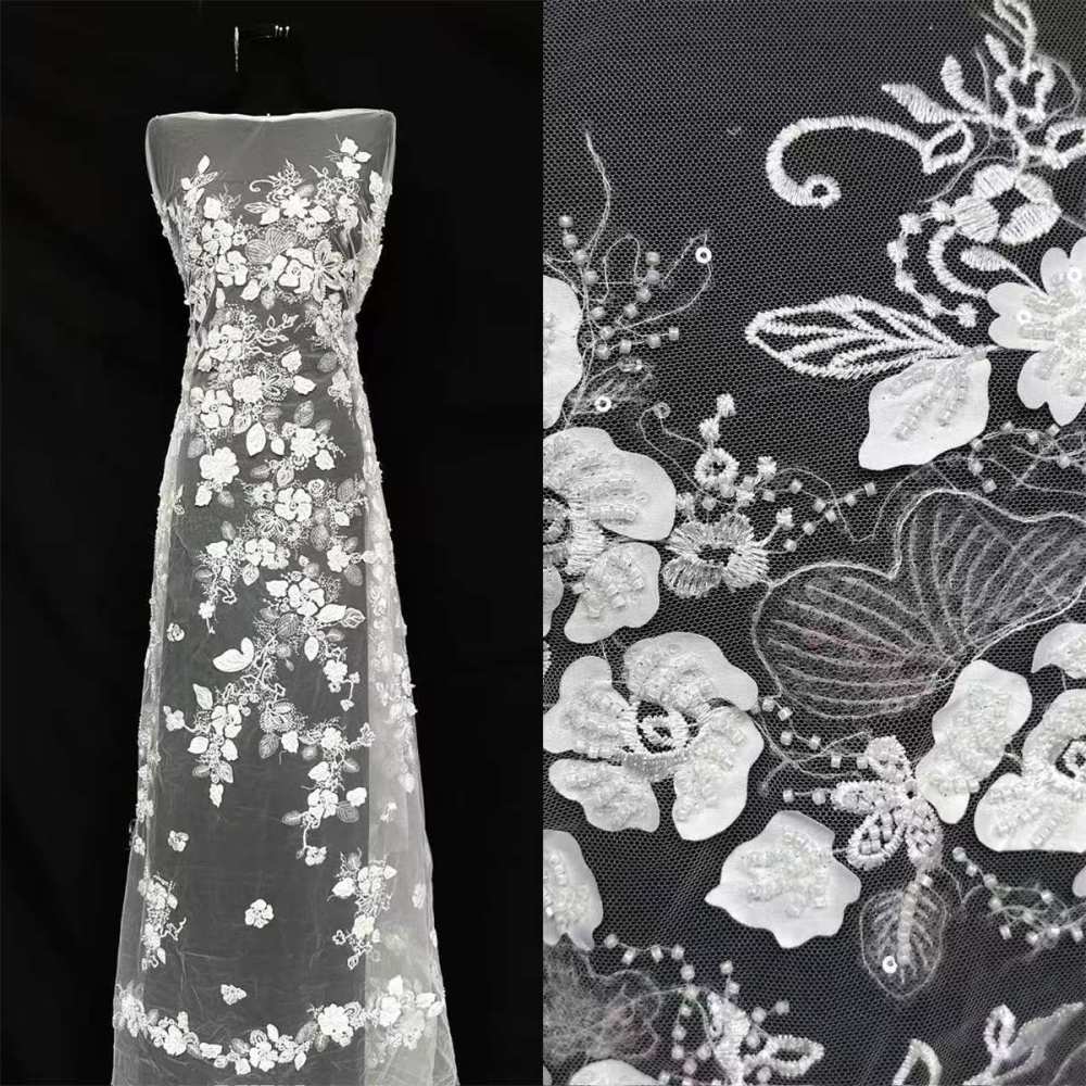 Bridal Lace Fabric - 5 Yards - Beaded Wedding Lace Fabric | HN604