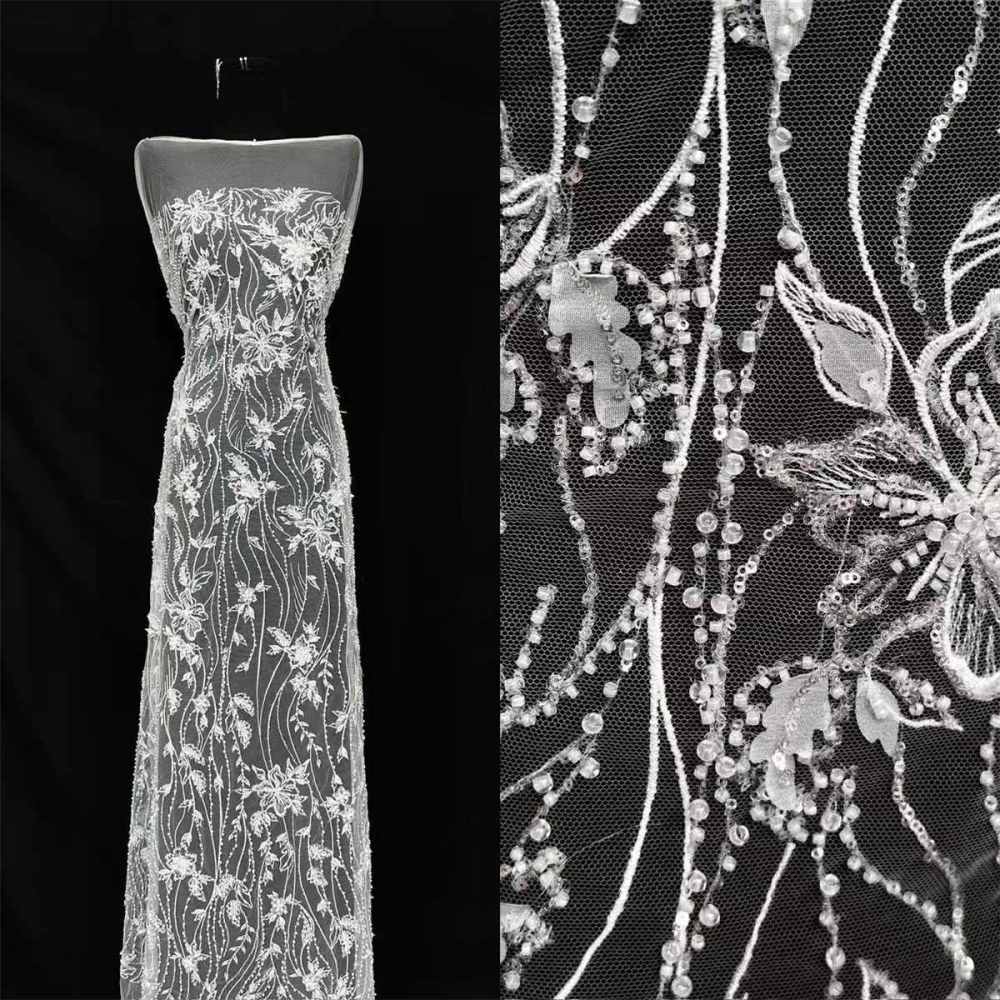 Bridal Lace Fabric - 5 Yards - Beaded Wedding Lace Fabric | HN610